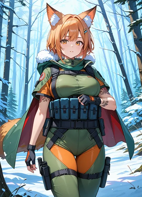 score_9, score_8_up, score_7_up ,source_anime, masterpiece, best quality, perfect anatomy ,girl, Orange short hair, fox ears, fox tail, large breasts, cape, tactical swimsuit, snow forest, tattoo on arm