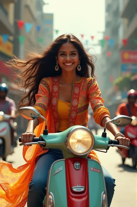 

"Imagine this: A 20-year-old beautiful Indian girl with flowing hair, dressed in a vibrant kurti and jeans, is riding a scooty with confidence. You’re on the backseat, holding onto the edge as the wind rushes past. She’s navigating the bustling streets w...