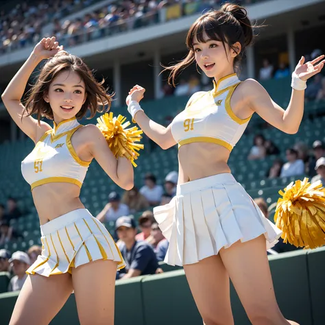 (nsfw),  One girl ,  , Dancing,  small breasts, Thin legs, (gold cheerleader uniform),   skirt, cheering gloves , stomach,  raises arms, Open the other arm, small breasts, nipples, ((( wariza))), (pleated skirt)、((pussy)), ((masterpiece)), (( extremely det...