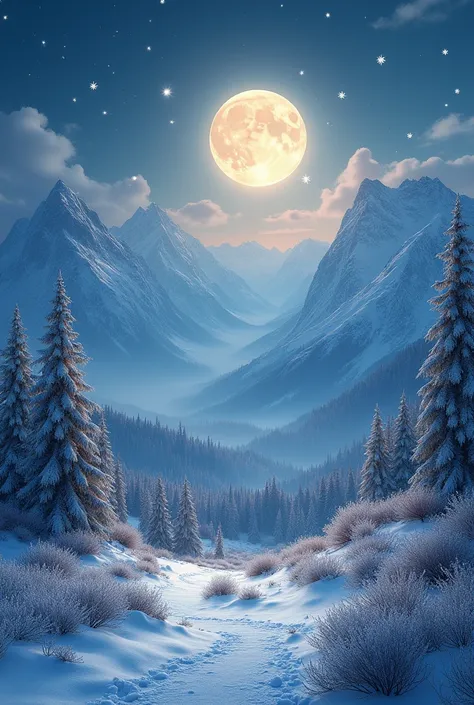 C create a full moon at Christmas romantic night extraordinarily beautiful landscape