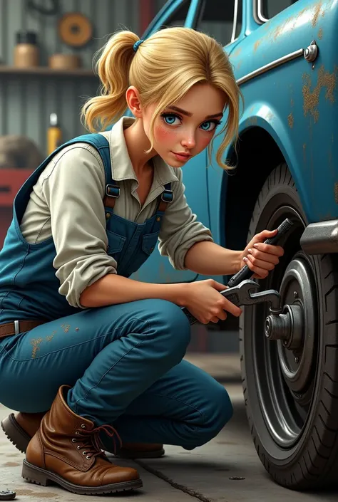 A blonde woman with blue eyes, Female mechanic with an adjustable wrench repairing a car 