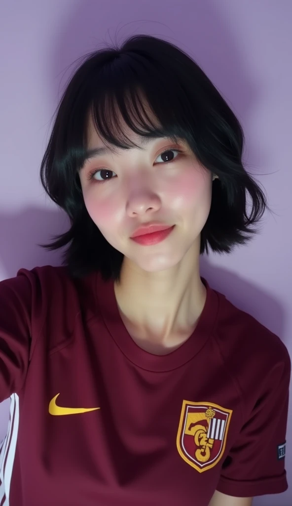  A fair-skinned young woman , Asian-looking,  shes taking a selfie . She has short black hair with bangs, and clear eyes.   The facial expression is happy and seductive . The skin tone is clear , with a slight rosy color on the cheeks. has pink lips. The b...