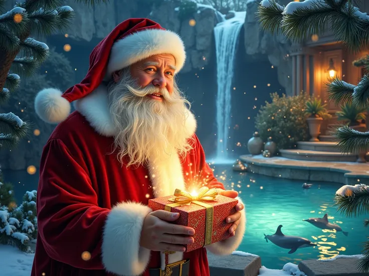 A magical Christmas illustration depicting a kind and gentle Santa Claus in a luxurious velvety red fur coat trimmed with soft white fur. His face is warm and welcoming, with bright twinkling eyes, rosy cheeks, and a flowing, perfectly groomed white beard....