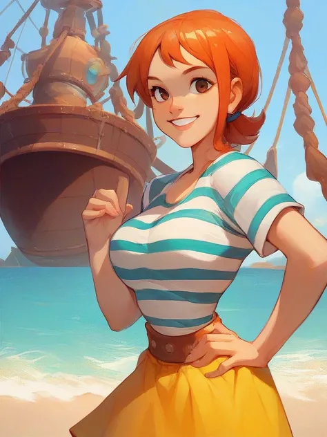 nami, 1girl, short hair, orange hair, solo, striped shirt, yellow skirt, looking at viewer, smile, brown eyes,  upper body,hand on own hip,smile, score_9,beach,pirate ship  score_8_up, score_7_up, score_6_up , top lowered