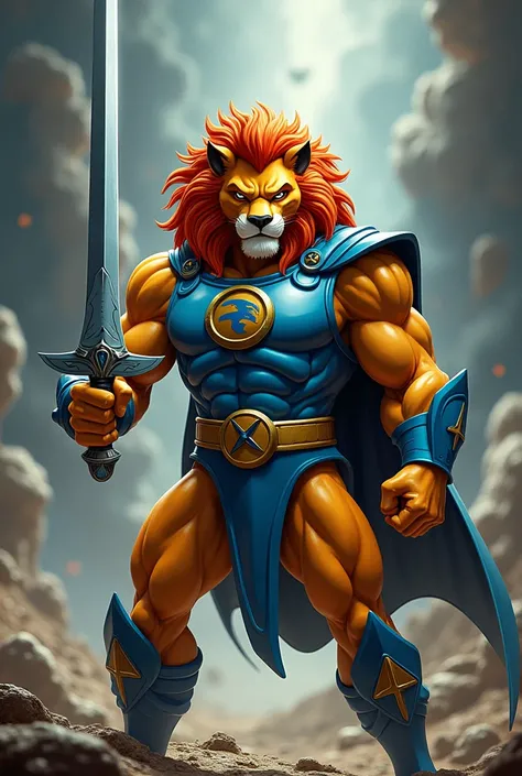  Create an AI image of Lion-O of the Thundercats with the Thundercats symbol on his costume,  HD quality holding your sword in a realistic style , Surreal, and in 8k .