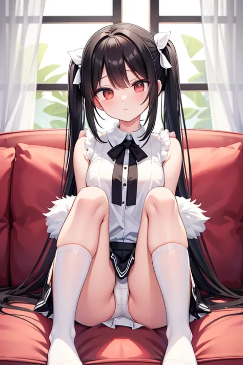 Height: 160cm　 hairstyle is twin tails 　 black hair　 White sweet Lori fashion 　 White miniskirt with fur on the hem　　 white long socks　 sitting on the couch 　 is seducing by spreading legs　 White panties visible 
