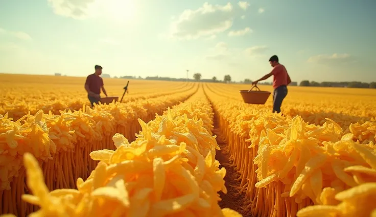 A reality photo of Dutch angle view Wide shot The image shows a vast golden field resembling a wheat farm, but upon closer look, it’s entirely covered in crispy potato chips. Workers are harvesting the chips with baskets and scythes, creating a surreal and...