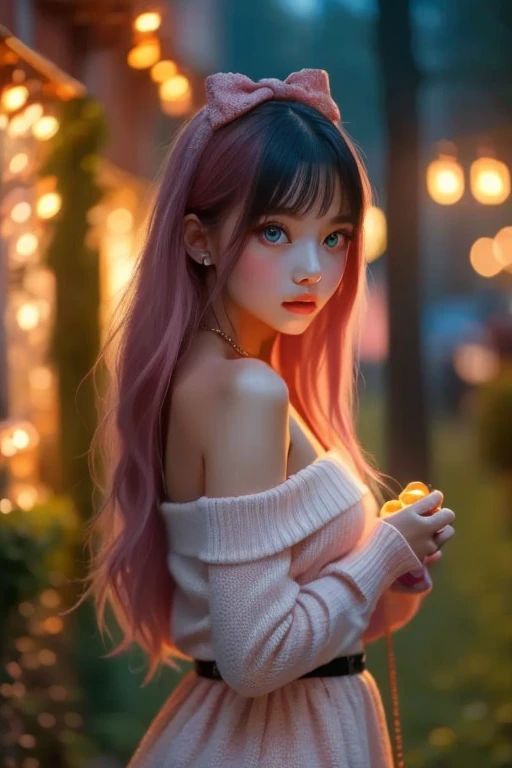 Very realistic, Hyperrealism , super real , (masterpiece, refined eyes with attention to detail : 1.2), (cute), 15-year-old girl、she is a girl with smooth shiny black pink hair.,age 15 、 Christmas Decorations at Night at the Park When Snow Pours and Pile U...