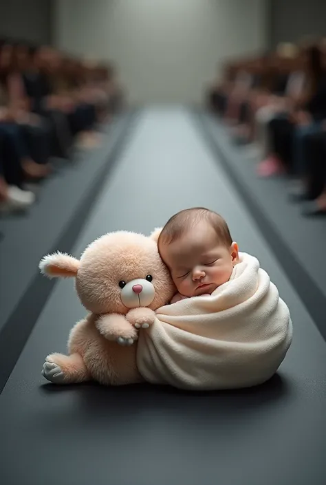 Create a picture of a baby on a runway . It carries its cuddly toy 