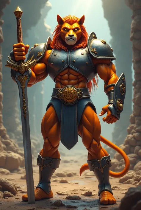 (Lion-O from ThunderCats,detailed ThunderCats symbol on clothing,holding sword,surreal,realistic,8k,high quality,hyper detailed,photorealistic)