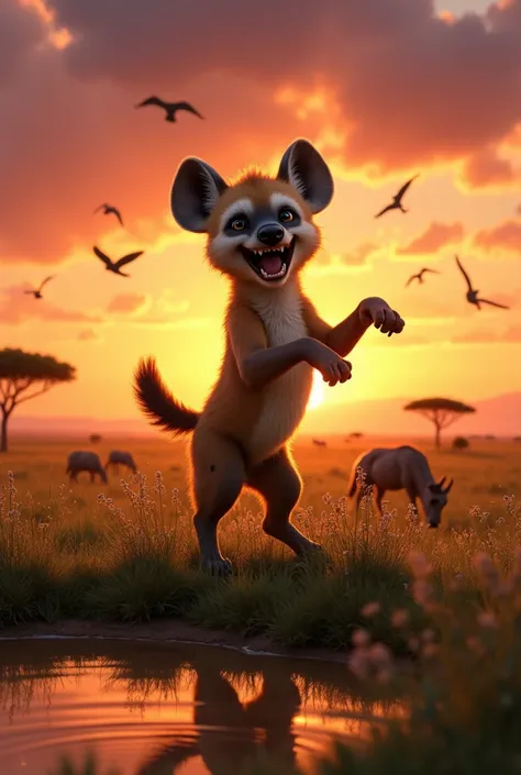 An ultra-realistic baby hyena standing proudly on its hind legs, joyfully dancing to Waka Waka, with a mischievous and playful grin on its face. Its wild, textured fur and distinct spots are clearly visible as it dances energetically. The setting is a stun...