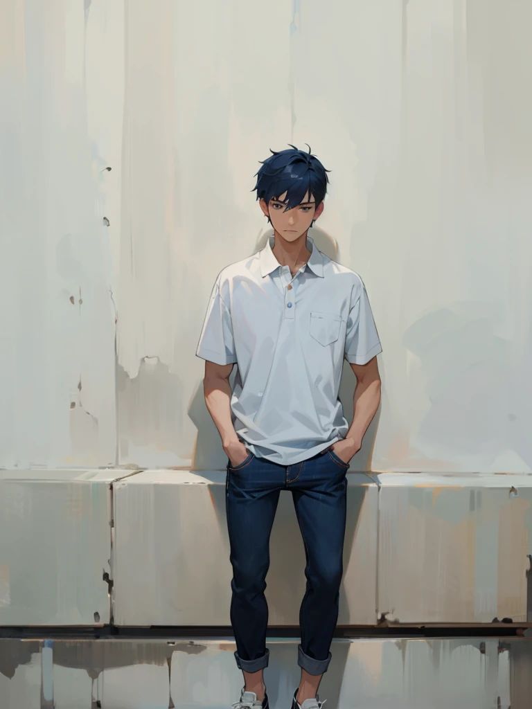 an male main character with their hands in their pocket. they wear dark blue jeans with short sleeve white polo