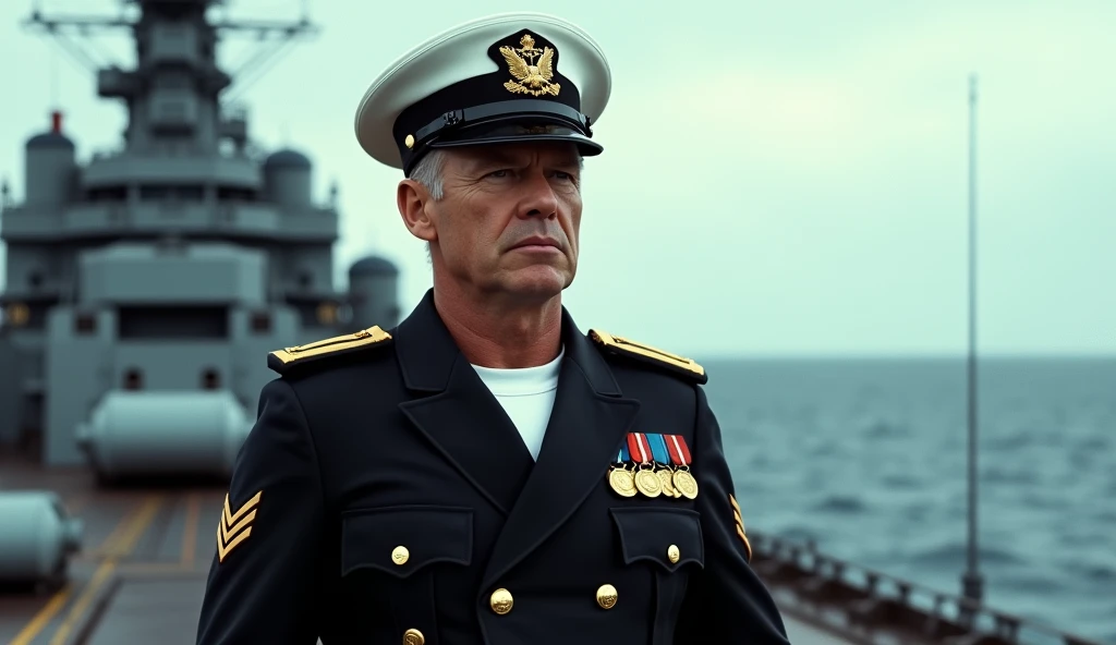 A flashback of a younger Tom in a Navy uniform, standing on the deck of a battleship at sea. His face shows focus and leadership, with a naval hat and medals adorning his chest. The ocean behind him is vast and foreboding. Hyper-realistic.