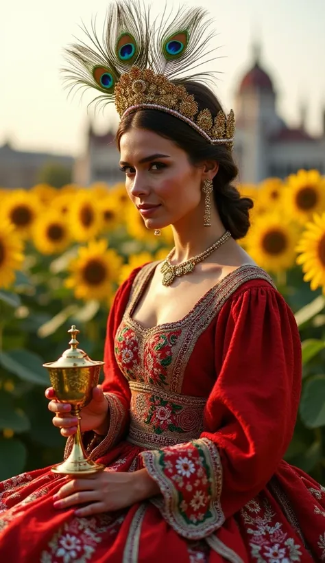 Hungary Queen A vibrant and passionate queen inspired by Hungary, wearing a crimson and gold traditional folk dress with floral patterns and intricate beadwork. Her headdress is adorned with peacock feathers and pearls. She is seated in a field of sunflowe...