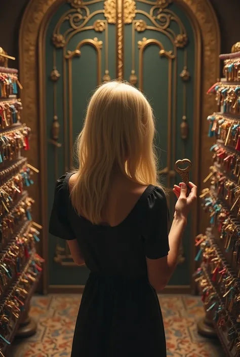 A symbolic and emotional scene of a 46-year-old blonde woman with shoulder-length hair standing in front of a large, ornate door, holding an old, slightly worn key in her hand. The woman looks thoughtful and hesitant, while around her is a marketplace fill...