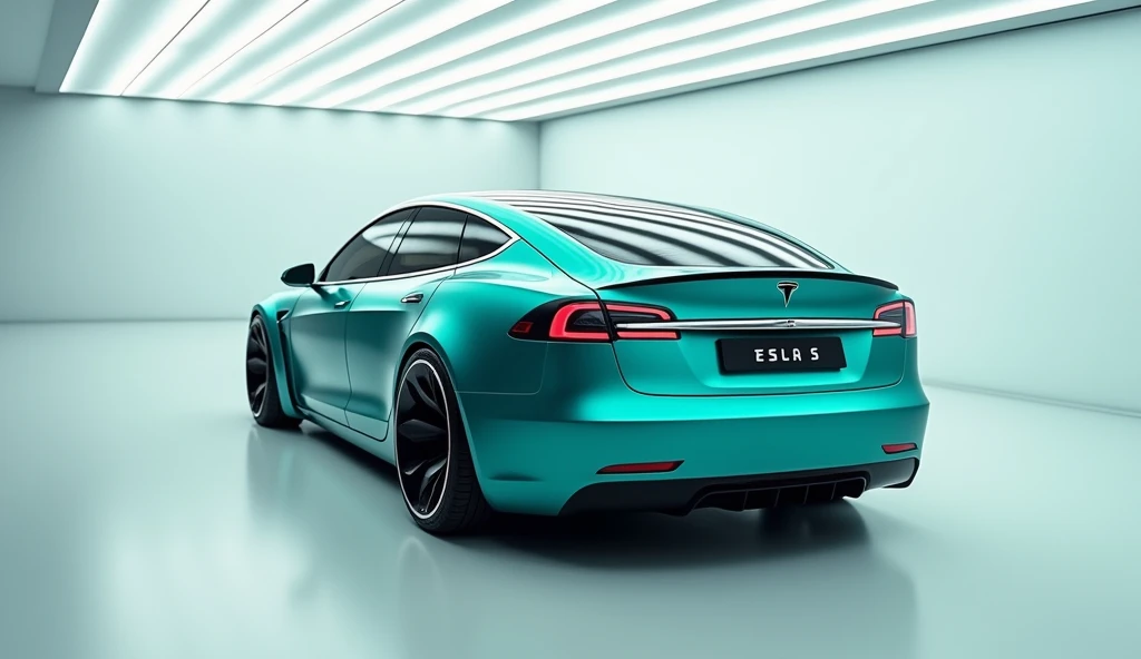 A photo of a teal color  2025 Tesla Model S parked in the middle of a bright, modern gallery with smooth, reflective floor .  the car is displayed from the  back .   the tube lights light are reflecting on the car and makings line on the car. The gallery h...