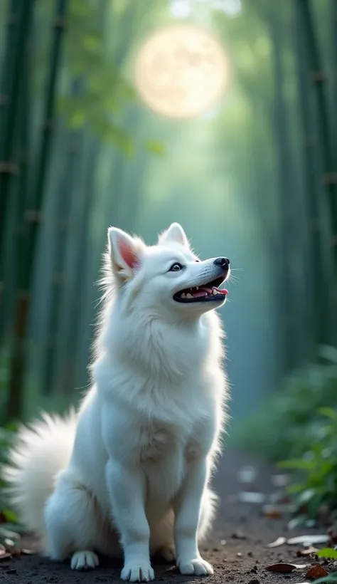 Best Quality, High Quality, reality, About the dog An adult Japanese Spitz dog , The corners of the mouth are raised and they look smiling ,Pure white coat color , Fluffy and soft coat , on the left and right sides of the screen,Im looking up at the beauti...