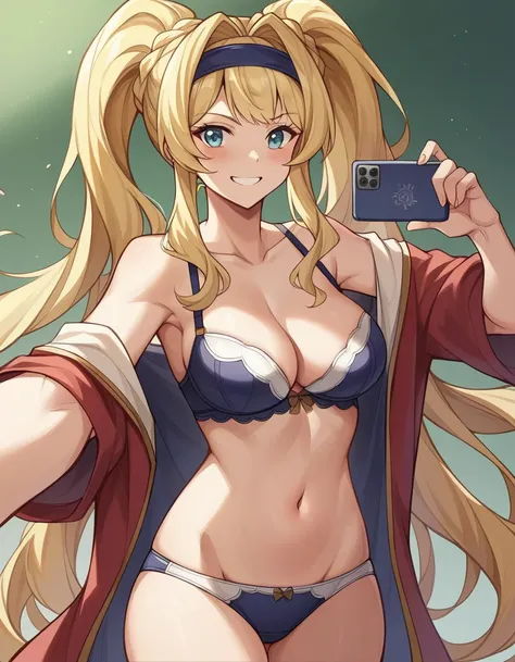 Score 9、 score 8 or more 、 score 7 or more 、Line break 、Anime references、masterpiece、  one girl 、Single、Zeta、 selfie、blush、 bra、 panties、 long hair、 twin tails、Blonde、 blue eyes、 medium breasts、 headband、smile、 cowboy shot showing shoulders
