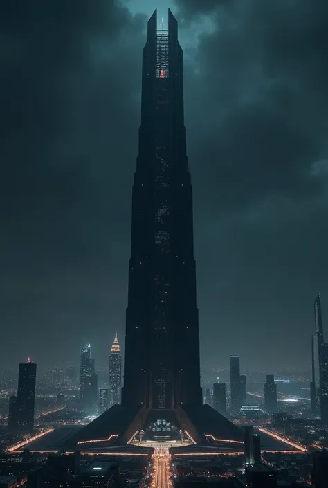 An endless black futuristic tower in the city center