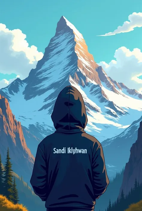  Make a cartoon picture of a guy with his head in a black hodie cover looking at the top of a mountain, and on the back of his hodie is Sandi Ikhwan 