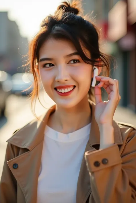 / I portrait photography ， young Asian woman ，Short Bob， brown hair tied behind her ears ， with white Wireless In-ear Earbuds in her ears， Dark Brown Eyes ， smiling in the distance ，One hand touches the headphones， on a clean street corner ， wearing a whit...