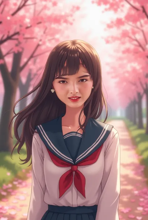 /I On a sunny afternoon, an Asian high school girl, a beautiful girl with long hair and bangs, a pure and sweet appearance, wearing a Japanese student uniform, is standing in the cherry blossom forest, with cherry blossoms in the foreground, upper body fro...