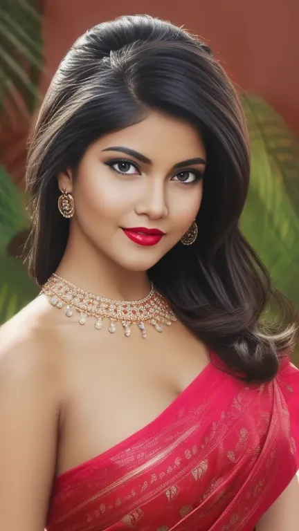 perfect pink eyes, fantastic face, Indian, beautiful look, ((red lips, bright eyes, curve heir 1.5)), ((beautiful details very big breast )), (Straight round and ultra huge clevage, not sagging breast), A glorious gorgeous, glorious gorgeous face, pretty f...