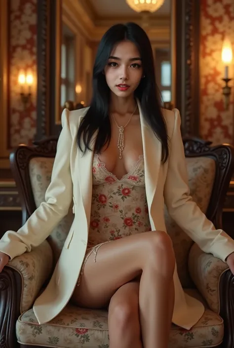 30yo Asian girl, sexy, seductive, straight black hair, pretty, makeup, raised butt, in a extravagant castle, light coloured blazer, floral dress, (high heels:1), jewellery, glamourous, closeup, (long legs:1), smiling, legs raised up