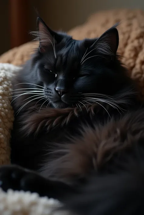 A large black cat with slight white traces and of the Mainecoon breed sleeping 