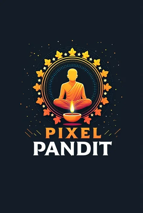 Create a modern and minimalistic logo for Pixel Pandit, blending traditional Indian cultural elements with modern digital aesthetics. The design should feature a fusion of a pixelated graphic style with symbols like a pandit (priest) silhouette, sacred obj...