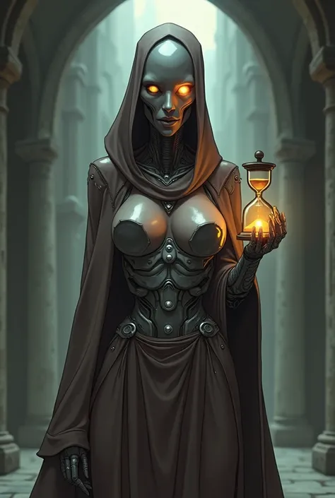 Anime style. Female.  Cyborg. Skinny. Silver metallic skin. Brown medieval robe. Bald metallic head. Skull has a silver light in it. Egotistical personality. Holding a brown hourglass.