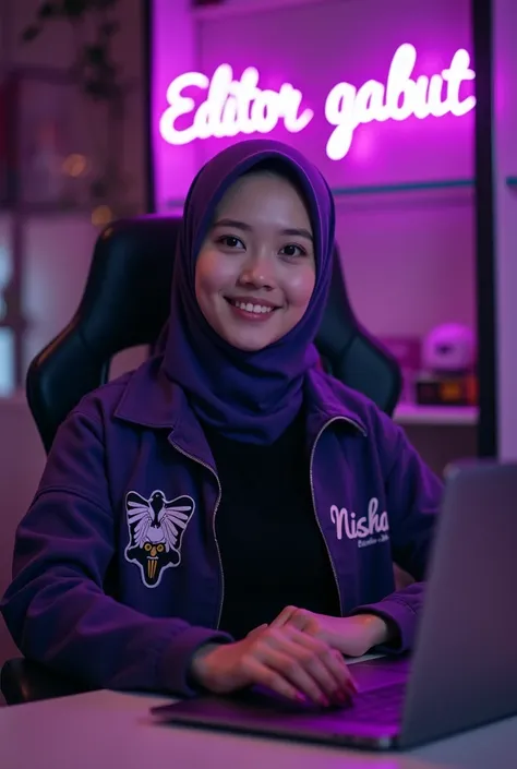  a Korean woman with a beautiful face natural white skin smooth and cute ,  wearing purple hijab wearing black t-shirt in fashionable style jacket and sticker style on jacket like Garuda star and name"Nisha".  woman sitting in a black purple gamaing chair ...