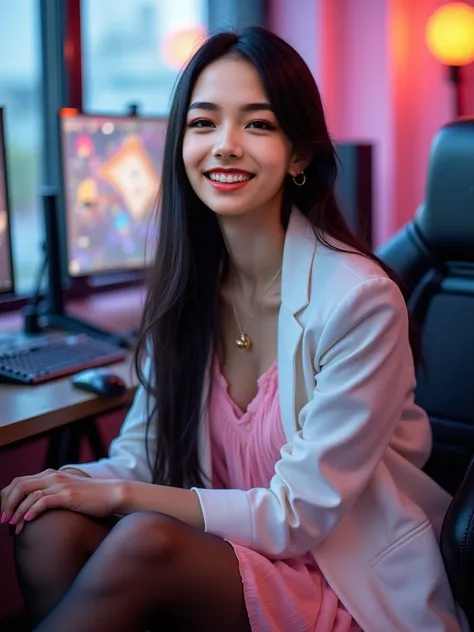 30yo Asian girl, sexy, seductive, straight long black hair, pretty, pink pastel layered dress, portrait, gaming, smile, esports, gaming, girl gamer, esports room, smiling, bubbly, happy, laughing, bright room, crossed legs, dark pantyhose, high heel shoes,...