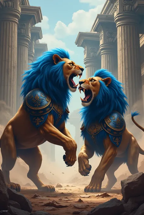 Gladiator movie poster with lions dressed in blue instead of humans 