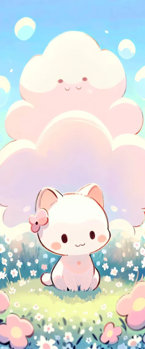 cartoon cat and kittens In a field of flowers with a sky background, Animated visual of cute cats, Kawaii cat, Cute cat, Lovely artwork, sitting In a field of flowers, In a field of flowers, Cute anime, Soft anime illustration, by Eizan This is a gift, Ill...