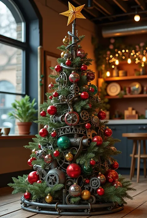 christmas tree made of various steel products decorated with christmas balls and garland
