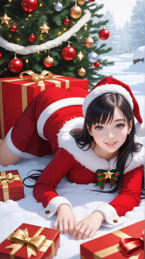 Young woman with long, black hair styled in soft waves, wearing a modern Santa-inspired outfit, sitting on a snowy ground while holding a large, wrapped gift box with both hands extended toward the camera.
She wears a festive red Santa crop top with long s...