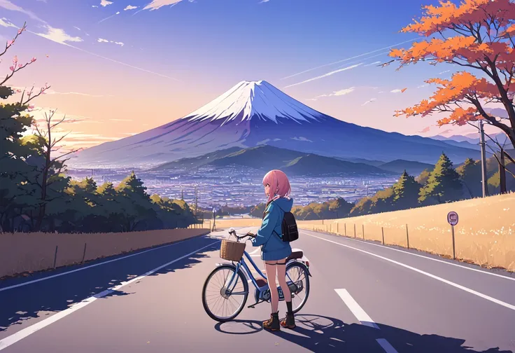 An anime-style illustration from a side angle, capturing a candid moment of a teenage girl with pink hair, dressed in casual outdoor clothes. She has just stopped her bicycle by the side of a mountain road near the base of a mountain, similar to the roads ...