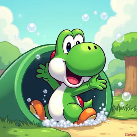 Yoshi was emerging from a green pipe (like in Mario) with bubbles coming out of it. His arms would be spread out, and he would have his mouth open in a happy smile. His tail would be curved in front of him, that way it is clear to the viewer that it is a r...