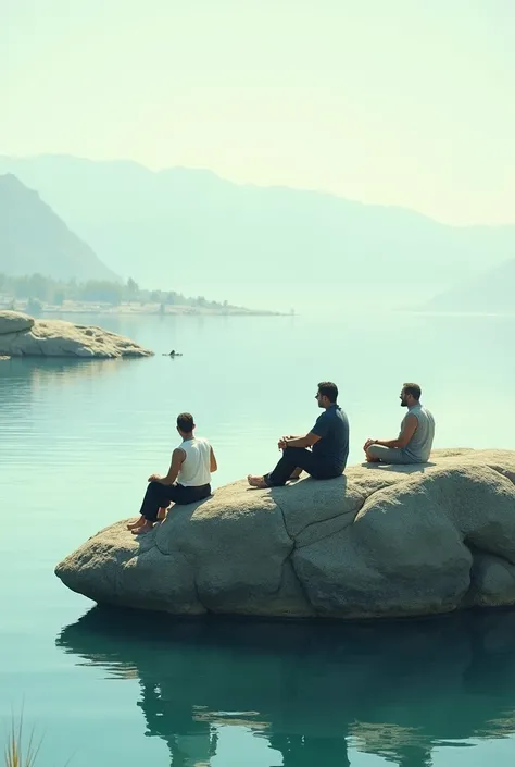 Men sit on rock in Water 