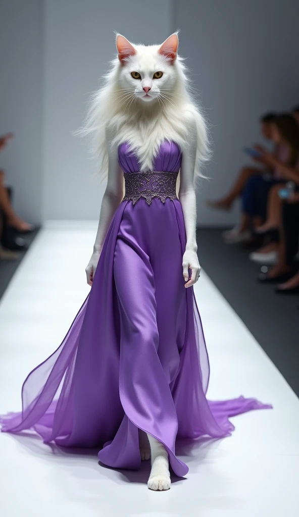 Take a 3D photo, white fur cat, thin body, pattern, tall, Beautiful, smiling, Long hair, white hair color, wearing a purple long dress, walking on the runway, graceful and confident