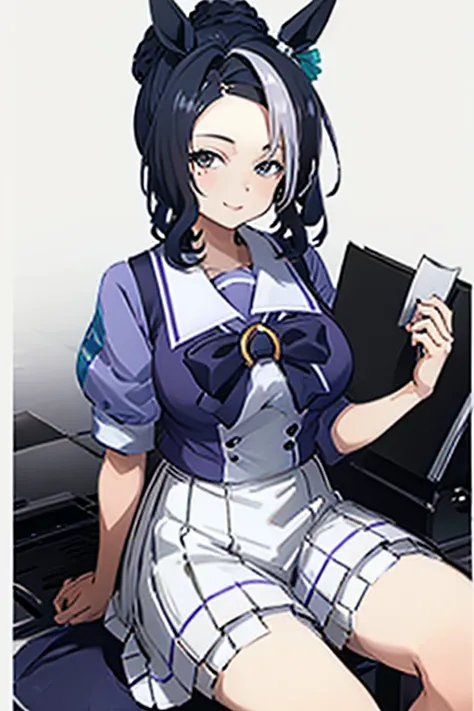 mejiro ramonu, 1girl, solo, looking at viewer, smile, , large breasts, black hair, animal ears, purple eyes,white hair, hair bun, mole, streaked hair, mole under eye, horse ears, horse girl, seductive smile,,Whole body,best quality,tracen school uniform, s...