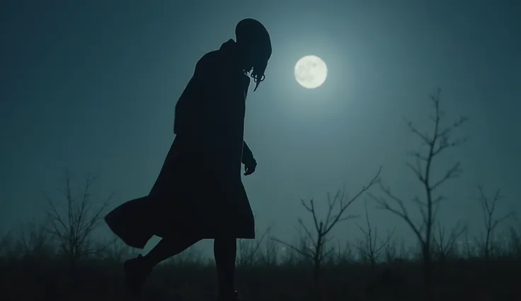 silhouette of tall humanoid with octopus like head walking in the open field at night , wearing duster coat , moonlight hyper realistic , UHD.