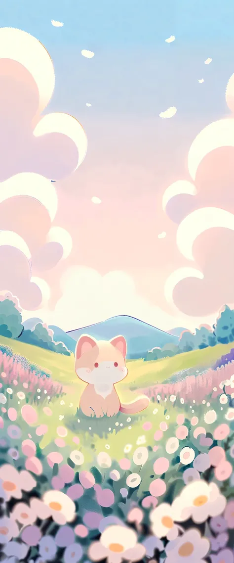 cartoon cat and kittens In a field of flowers with a sky background, Animated visual of cute cats, Kawaii cat, Cute cat, Lovely artwork, sitting In a field of flowers, In a field of flowers, Cute anime, Soft anime illustration, by Eizan This is a gift, Ill...