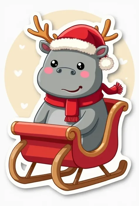 Cute cartoon japanese kawaii grey pygmy hippo, Sticker style, smile face, wear red santa hat, wear Christmas scarf, sit Santa Sleigh with Reindeer, light background, look like pygmy hippo moo deng