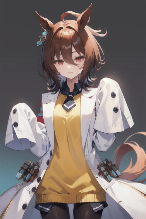  Agnes Tachyon 、Horse Girl、One person、 girl、Horse ears、Horse tail、 earring on one side 、Red eyes、 lines in eyes 、 shorthair、 brown hair 、Jacket、（White coat:1.2)、(bigger sleeve than wrist :1.1)、 yellow big sweater、 ties、 black pantyhose 、Stray hair、best qua...