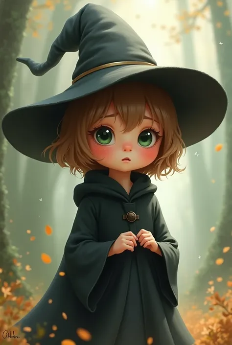 girl, light brown hair, cute, green eye, fantasy, witch hat, clumsy, naive, cutie face, chibby, black robe, short cut hair, nervous emotion, 