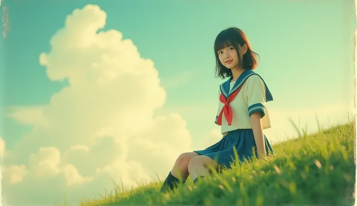 A vintage-style Polaroid photograph capturing a teenage girl sitting on a lush green hill under a dreamy sky. She wears a traditional Japanese school uniform: a white sailor-style blouse with a blue pleated skirt and a red ribbon. Her serene and content ex...