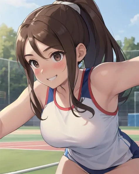  top quality 、masterpiece、 High Definition 、Fine Lines、 beautiful、 1 girl、Brown Hair、 ponytail、 big brown eyes、Shining Eyes、smile、blush、 Track and Field、blue workout clothes 、Preparing for sports、lawn、Early summer day 、in an unfocused view