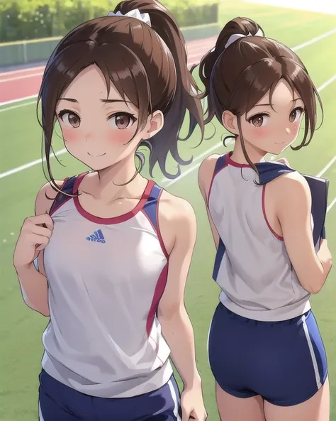  top quality 、masterpiece、 High Definition 、Fine Lines、 beautiful、 1 girl、Brown Hair、 ponytail、 big brown eyes、Shining Eyes、smile、blush、 Track and Field、blue workout clothes 、Preparing for sports、lawn、Early summer day 、in an unfocused view